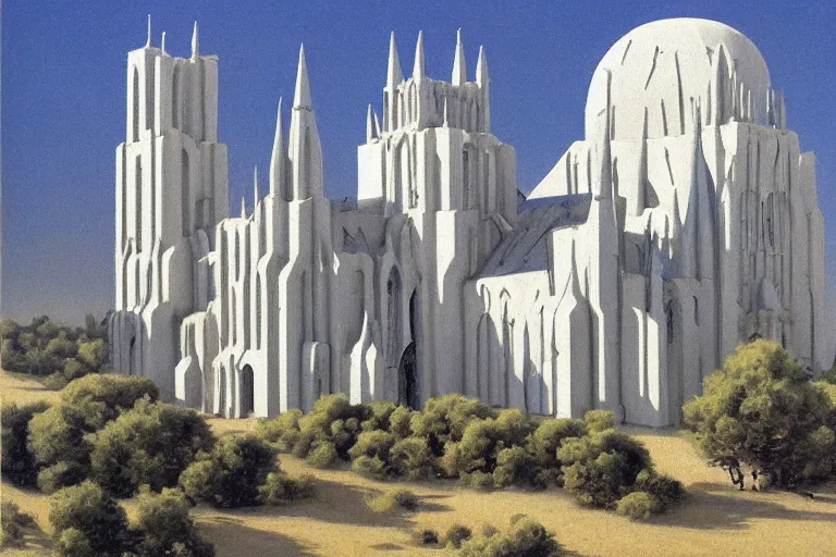 Prompt: landscape hills made of liquid melted wax paper and white brutalist desert gothic cathedral painted by paul gustav fischer