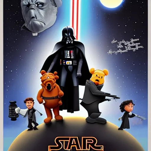 Prompt: a poster of a film featuring darth vader, rick sanchez, harry potter, and winnie the pooh, poster, award winning, high quality, super detailed, smooth, unsaturated, 8 k