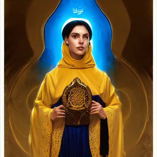 Prompt: portrait of a middle - eastern female cleric with straight black hair wearing blue and yellow vestments casting fireball, fantasy, highly detailed, digital painting, artstation, concept art, character art, art by greg rutkowski and tyler jacobson and alphonse mucha