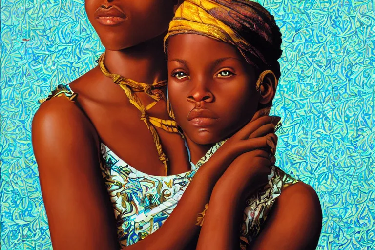 Image similar to a girl pirate with iridescent skin by kehinde wiley