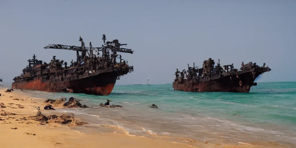 Prompt: sri lankan mad max style, ocean, big ship, film still, epic shot cinematography, rule of thirds