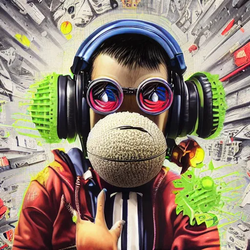 Image similar to a portrait of an anthropomorphic tennis ball monster by sandra chevrier, detailed render, tape deck, boombox, headphones, epic composition, cybernetics, 4 k realistic, cryengine, realistic shaded lighting, sharp focus, masterpiece, by matteo scalera, gary montalbano, peter elson in the style of the tokyo ghost comic