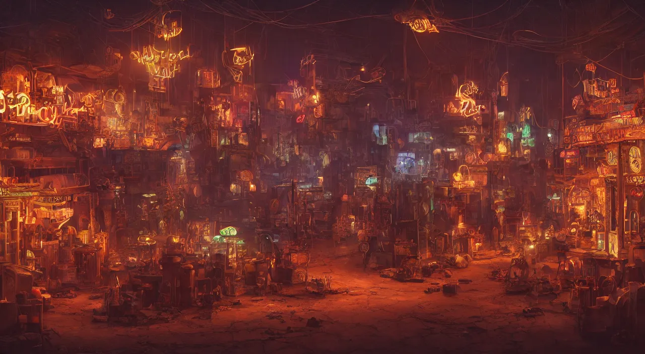 Prompt: a steampunk village in the desert at night, junk everywhere, neon lights, neon signs, magical atmosphere, mist, steam, photo realistic, 35mm, Matte painting, octane render, 8k, corona render, movie concept art by albert kiefer