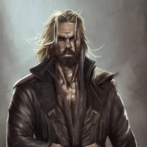 Prompt: portrait of a muscular, grim, ponytail haired blonde man in his late 30's, wearing a thick brown leather coat, looking to his side, scarred face, some beard, blue eyes, hunter, DnD character, fantasy character, digital art by Ruan Jia, Krenz Cushart, Rossdraws and Boris Vallejo
