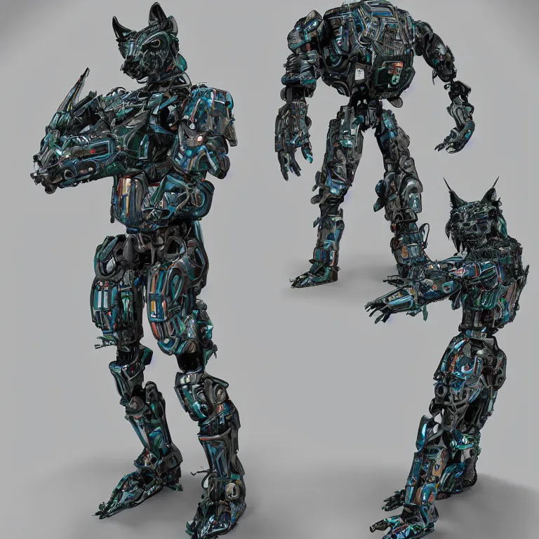 Prompt: a detailed centered fullbody artistic 3 d sculpture of an antropomorphic humanoid android with a head of a lynx. lowbrow blacklight color palette. artwork by subjekt zero. tools used : blender, cinema 4 d, unreal engine. substance designer. 8 k 3 d. collect influence from mechas and robots on artstation deviantart and instagram.