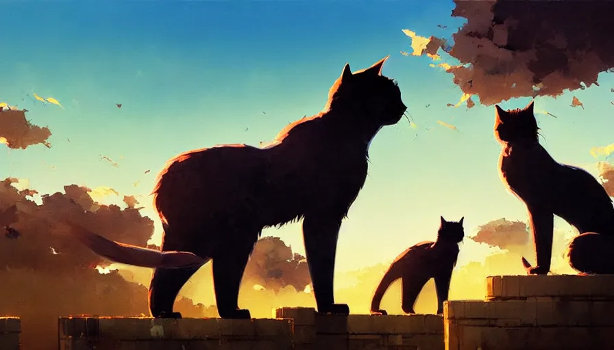 Image similar to contemporary semi abstract acrylic painting of really tall sitting cats by makoto shinkai, by greg rutkowski, thick brush strokes and visible paint layers, glistening clouds in background