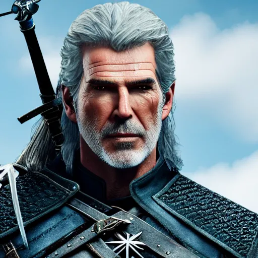 Prompt: Pierce Brosnan in The Witcher 3, highly detailed, high quality, HD, 4k, 8k, Canon 300mm, professional photographer, 40mp, lifelike, top-rated, award winning, realistic, sharp, no blur, edited, corrected, trending