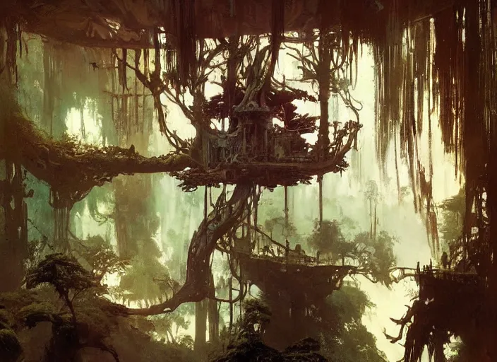 Image similar to treehouse interior, intricate, elegant, highly detailed, vivid colors, john harris, frazetta, tyrus wong, ruan jia, jeffrey catherine jones