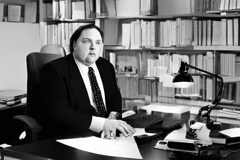 Image similar to cinematic film still from 1994 film: portly clean-shaven white man wearing suit and necktie at his desk. He has his right foot propped up on his desk. XF IQ4, f/1.4, ISO 200, 1/160s, 8K, RAW, dramatic lighting, symmetrical balance, in-frame