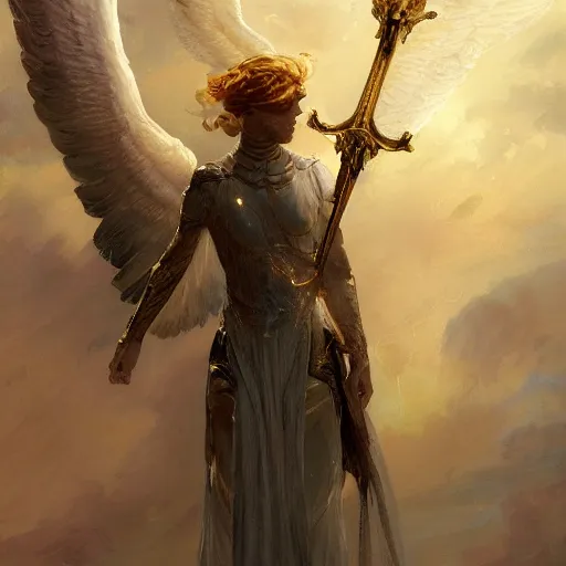 Prompt: angelic winged humanoid with an upside-down marble head holding a golden sword, digital art, by Fernanda Suarez and and Edgar Maxence and greg rutkowski