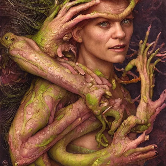 Prompt: a portrait photograph of claire danes as a brightly colored satyr amphibian hybrid with wet mutated skin. wearing a organic catsuit. by tom bagshaw, donato giancola, hans holbein, walton ford, gaston bussiere, brian froud, peter mohrbacher and magali villeneuve. 8 k, cgsociety