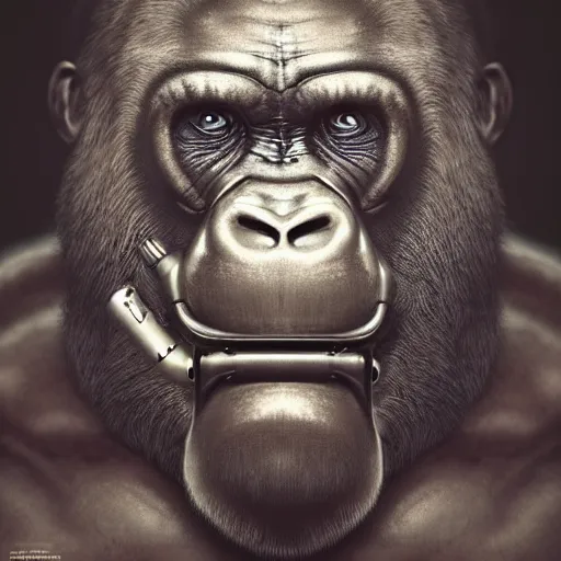 Image similar to a beautiful intricate fine art portrait photo of a a mechanical industrial steampunk cybernetic silverback gorilla, by tom bagshaw and zach sutton, perfection!, milk bath photography, studio lighting, backlight, 35mm lens, very detailed, bionic, cybernetic scifi, deep depth of field, artstation, 8K, highly coherent