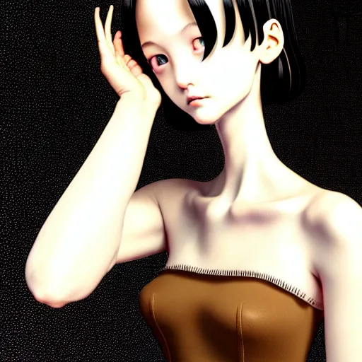 Image similar to girl with morbid thoughts wearing a black spring dress with short brown hair, queen of sharp needles and under the effect of psychosis, by Range Murata, Katsuhiro Otomo, Yoshitaka Amano, and Artgerm. 3D shadowing effect, 8K resolution.