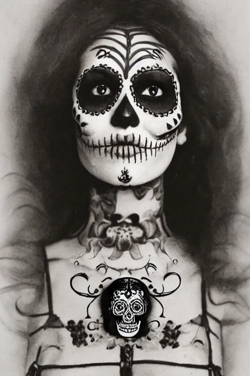 Image similar to illustration of a sugar skull day of the dead girl, art by joel peter witkin