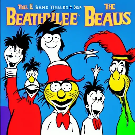 Image similar to The Beatles as a Dr. Seuss cartoon, album cover