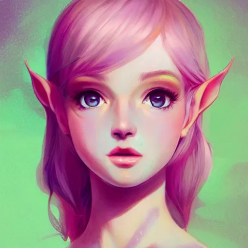 Prompt: girl portrait, elven princess, head and shoulders, matte print, pastel pink, neon highlights, digital art, cute freckles, digital painting, fan art, elegant, pixiv, by Ilya Kuvshinov, daily deviation, IAMAG