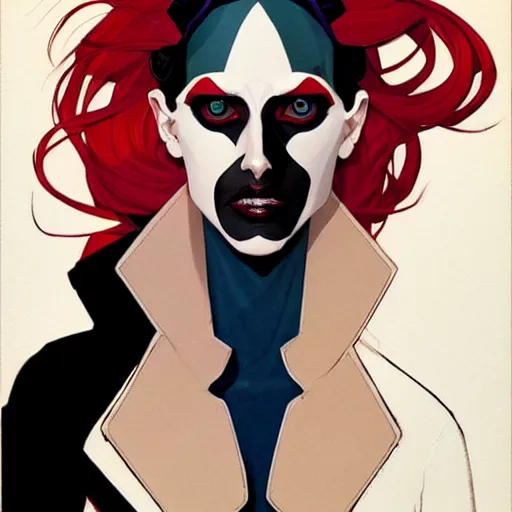 Image similar to Joshua Middleton comic art, wide shot, stunning elegant female Eva Green, kabuki mask, beautiful evil sneer, symmetrical face, symmetrical eyes, leather clothing and boots, long straight red hair, full body, Indigo occult pattern