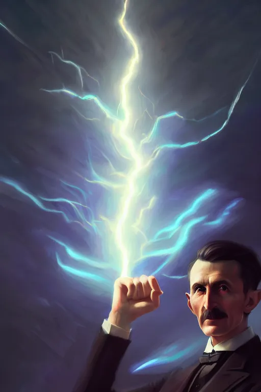 Image similar to nikola tesla, lightning, portrait, sharp focus, fantasy, digital art, concept art, dynamic lighting, epic composition, trending on artstation, by emylie boivin 2. 0, rossdraws 2. 0