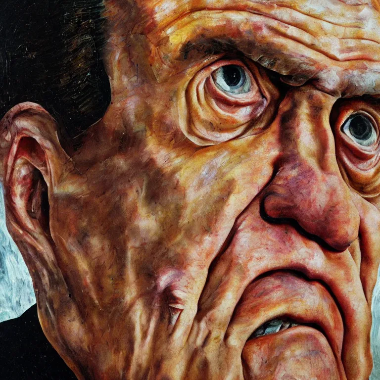 Prompt: close up studio portrait of aging old Richard Nixon age 115 wrinkled sad, shiny impasto oil painting by Lucian Freud and Tim Hawkinson and Cy Twombly, trending on artstation Studio lighting Expressionism