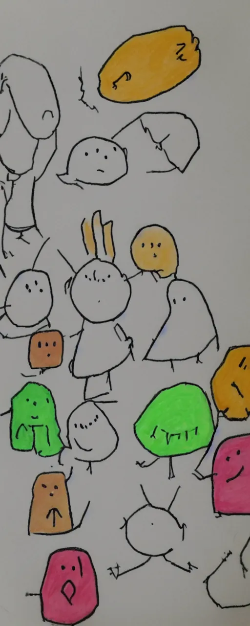 Prompt: a child's awkward drawing of not having friends