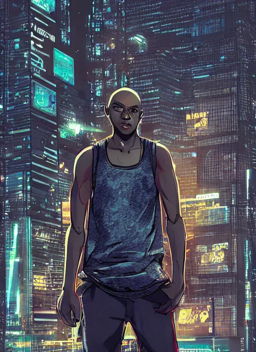 Prompt: bald african-american male teenager wearing a white tank-top, intricate cyberpunk city, emotional lighting, character illustration by tatsuki fujimoto