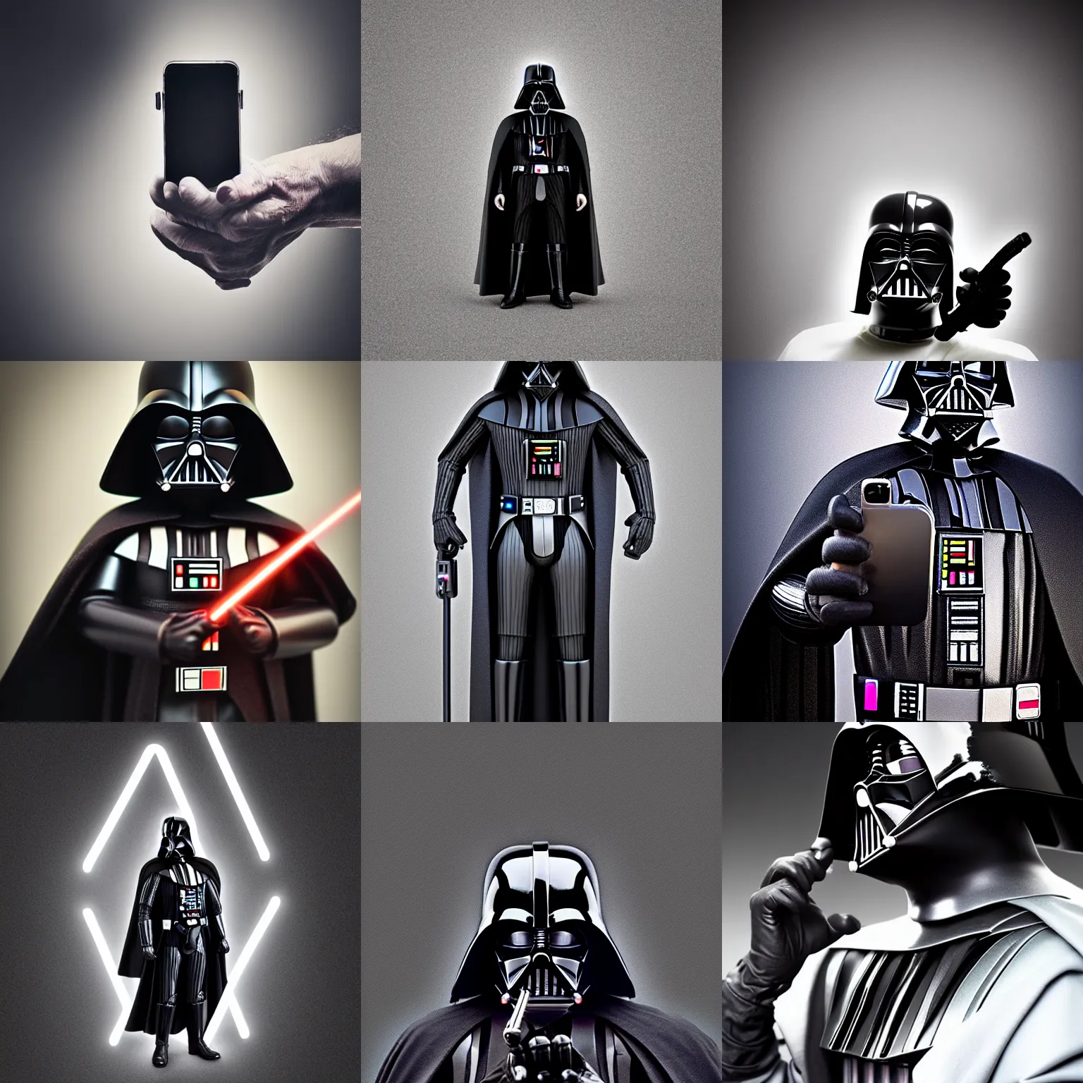 Prompt: darth vader holding a cell phone in their hand, a macro photograph by elfriede lohse - wachtler, polycount, superflat, adafruit, angular, matte photo