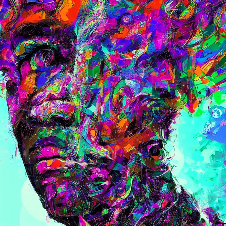 Image similar to hyper-maximalist overdetailed half portrait half collage slightly abstract pesudofigurative digital illustration by archan nair feat hakan hisim inspired by works of android jones. Pschedelic visionary artwork.