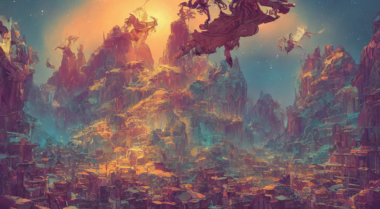 Prompt: vector wonderland bazaar zouk old egypt sky shine epic fantasy painting photoshop that looks like it is from borderlands and by feng zhu and loish and laurie greasley, victo ngai, andreas rocha, john harris