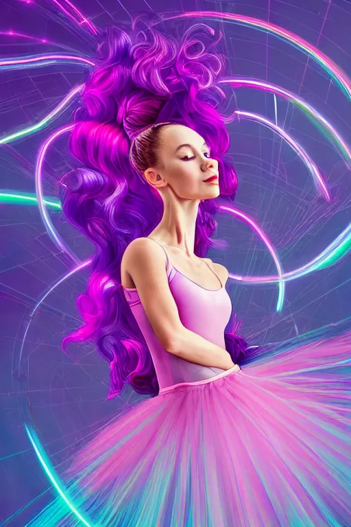 Image similar to a award winning half body portrait of a beautiful ballerina in a crop top and tutu with ombre purple pink teal hairstyle and hands in pockets by ari liloan, surrounded by whirling illuminated lines, outrun, vaporware, smooth, focus, shaded flat illustration, digital art, trending on artstation, highly detailed, fine detail, intricate