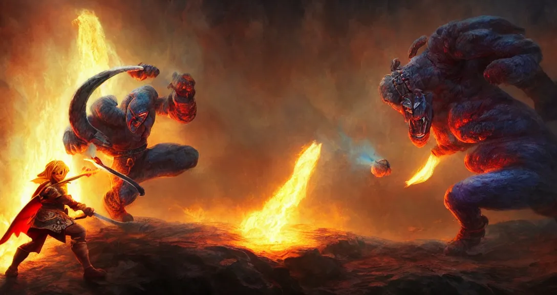 Prompt: balrog fighting link from the legend of zelda, lava, fire, flaming sword, intricate, detailed, volumetric lighting, scenery, hellscape, digital painting, highly detailed, artstation, sharp focus, illustration, concept art, ruan jia, steve mccurry