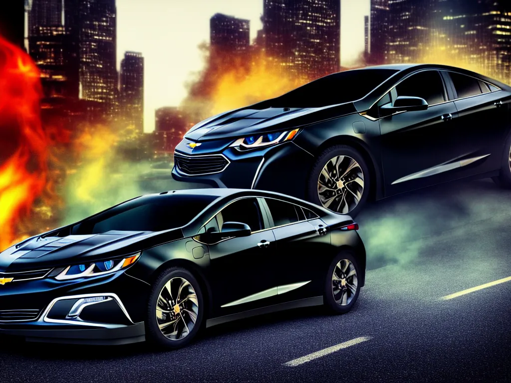 Image similar to black chevy volt close up with a city street background, smoke, fi, chrome, shiny, reflective, metallic, 3 d, render, realistic, hdr, dramatic lighting, flame colors bright