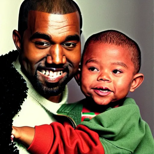 Image similar to kanye west smiling and holding yoda for a 1 9 9 0 s sitcom tv show, studio photograph, portrait