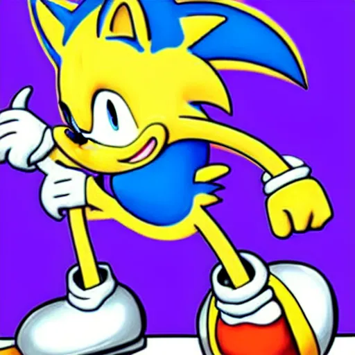 Prompt: Oops, Sonic the Hedgehog ate too much Mac\'n\'Cheese! He might explode! Run!