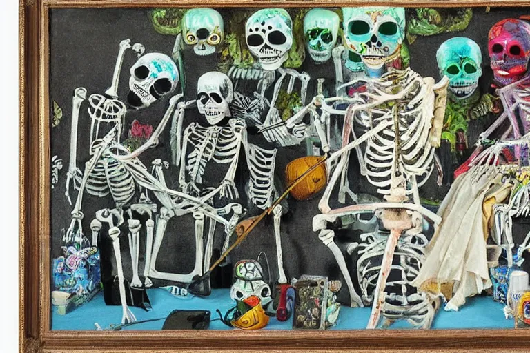 Image similar to scene from fishing, day of the dead, cyber skeleton, neon painting by otto dix