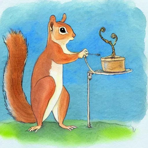 Prompt: a squirrel casting a spell, armor, glyphs, watercolour,