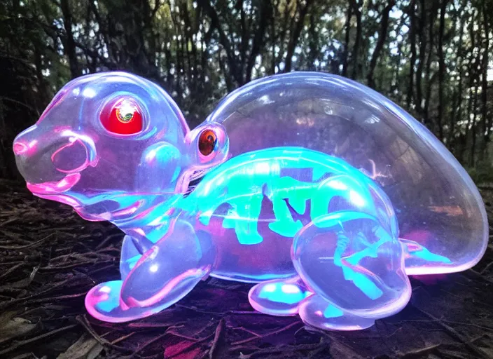 Prompt: photo of a translucent clear chibi style baby dinosaur with symmetrical head and eyes, made out of clear plastic, but has red hypercolor glowing electric energy inside its body, and electricity flowing around the body. in the forest, fantasy tron. highly detailed. intricate design by pixar