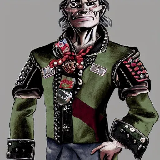 Image similar to a middle aged half - orc wearing a patchwork military uniform jacket with cut sleeves and many charms and baubles worked into the fabric, with an upturned collar. his arms bear rune tattoos, thin fangs show through his lower jaw with a bemused smile. blue grey intelligent eyes. 1 9 th century style