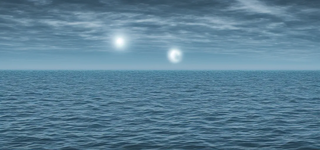 Prompt: sky orbs floating perfectly above a rippling sea