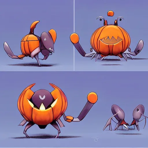 Image similar to A pokemon that looks like a A beetle, with a pumpkin-like shell that causes storms when it takes off，Trending on art station. Unreal engine.