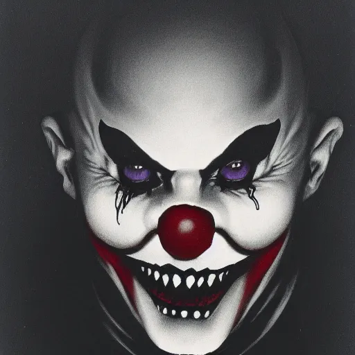 Prompt: Silhouette of a scary clown by Gerald Brom, film grain