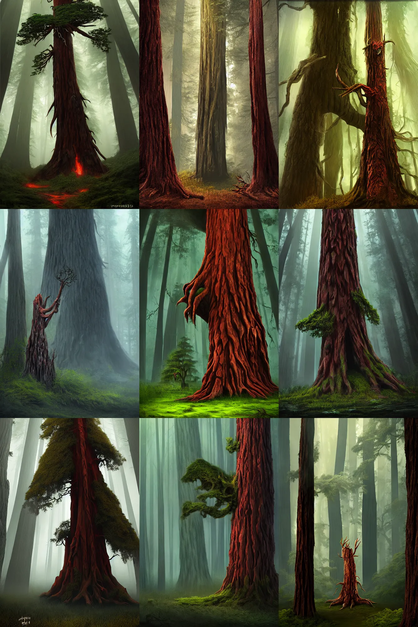 Prompt: Vengeful redwood treant, deforestation, matte painting, midjourney