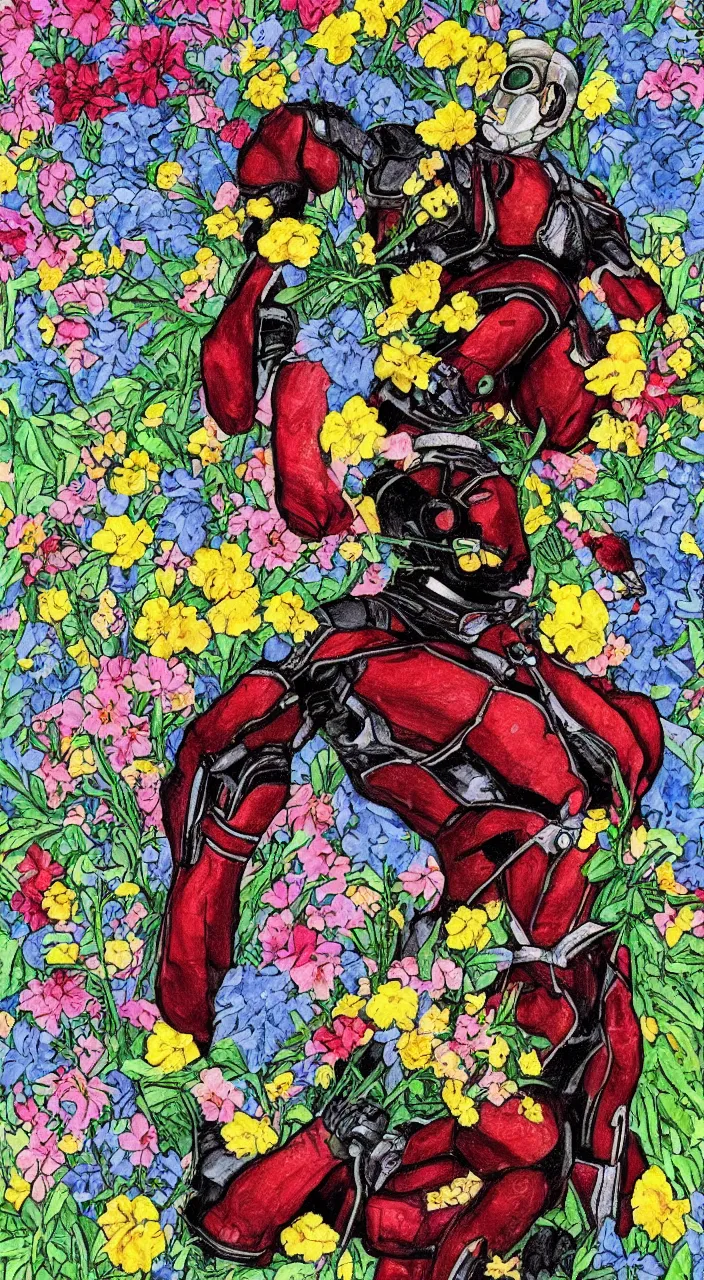 Prompt: a portrait of an antman rounded by flowers, by well renowned world artist