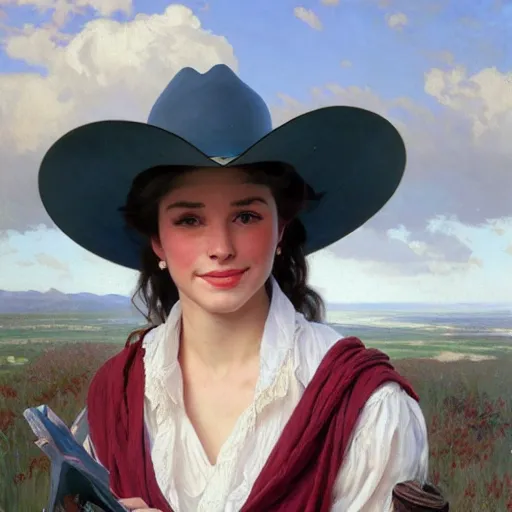 Prompt: a portrait painting of the daughter of john wayne and susanne summers, oil painting, gentle expression, smiling, elegant clothing, scenic background, unreal 5. rpg portrait, extremely detailed and lifelike, artgerm, greg rutkowski, alphonse mucha, vladimir volegov, adolphe bouguereaum, greg hildebrandt, tim hildebrandt