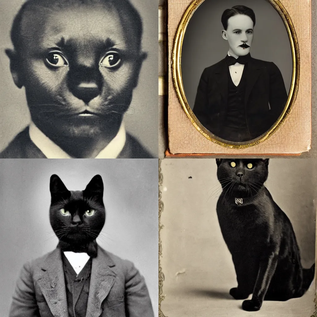 Prompt: portrait of a black cat wearing a dapper suit, old time photograph,