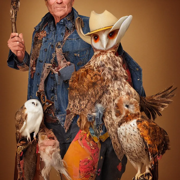 Image similar to high fashion photoshoot octane render portrait by wayne barlow and carlo crivelli and glenn fabry, a distinguished old cowboy wearing a colorful wes anderson designed cowboy costume and holding a barn owl inside a high - end exotic colorful pastel vintage boutique hotel lounge, very short depth of field, bokeh