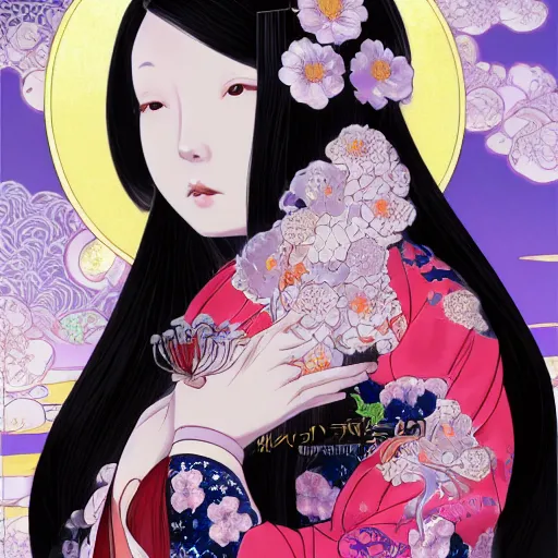 Image similar to portrait of the japanese moon princess kaguya hime with long flowing black hair wearing an ornate kimono with intricate floral patterns, touhou character illustration by ross tran, bo chen, toni infante, rebecca oborn, michael whelan, trending on artstation cgsociety hq