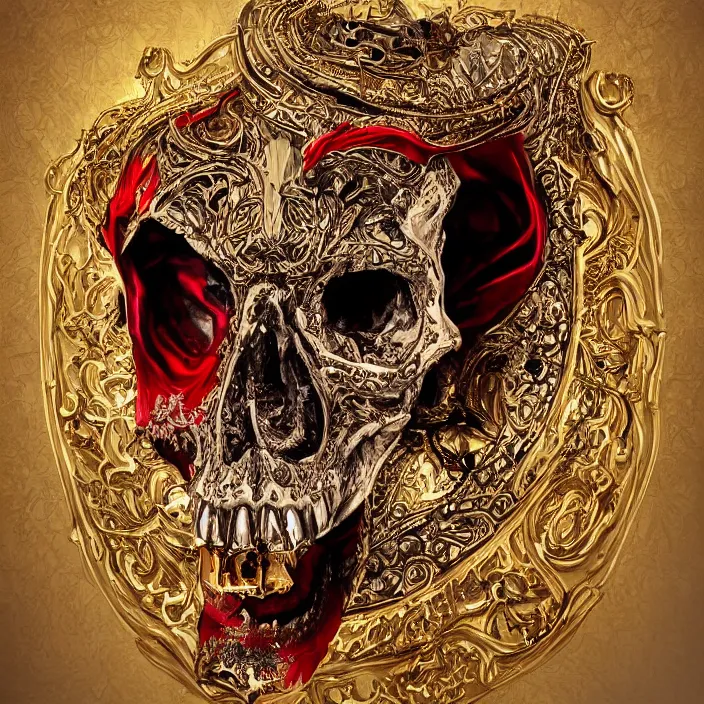 Image similar to photo portrait portrait of skull of wolf, lying on bones, dramatic lighting, golden ornaments, symmetric, intricate skeletal decorations, symmetry, highly detailed, concept art, black, red, white, gold layers, super moon, style of nekroxiii, hyperrealistic