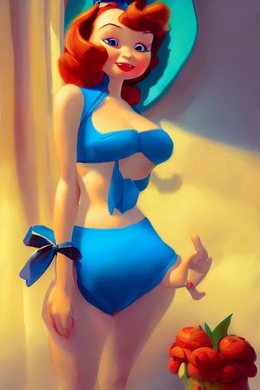 Image similar to a cute pixar character inspired by gil elvgren, vivid colors, high details, cinematic, 8k resolution, beautiful detailed, photorealistic, digital painting, artstation, concept art, smooth, sharp focus, illustration, fantasy background, artstation trending, octane render, unreal engine