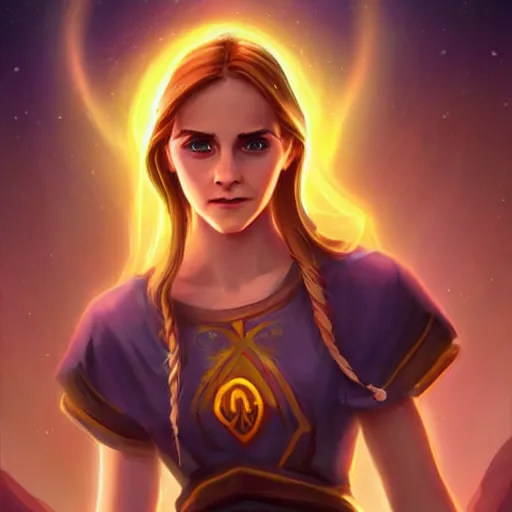 Prompt: beautiful holy female wizard, yellow lighting, emma watson face, in hearthstone art style, epic fantasy style art, fantasy epic digital art, epic fantasy card game art