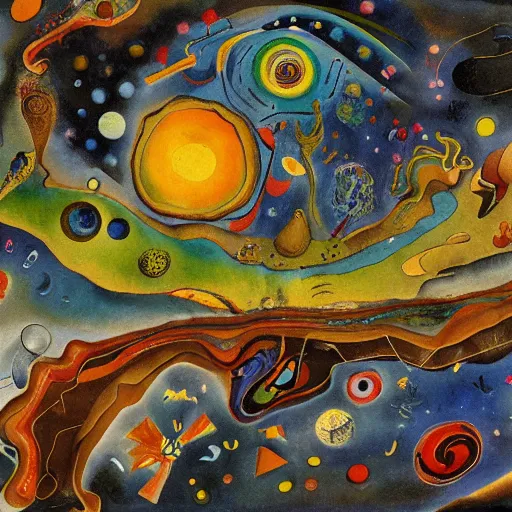 Prompt: A hd surrealism landscape of voynich galaxy starry sculptures by dali and kandinsky, acrylic, ultra realistic, 8k